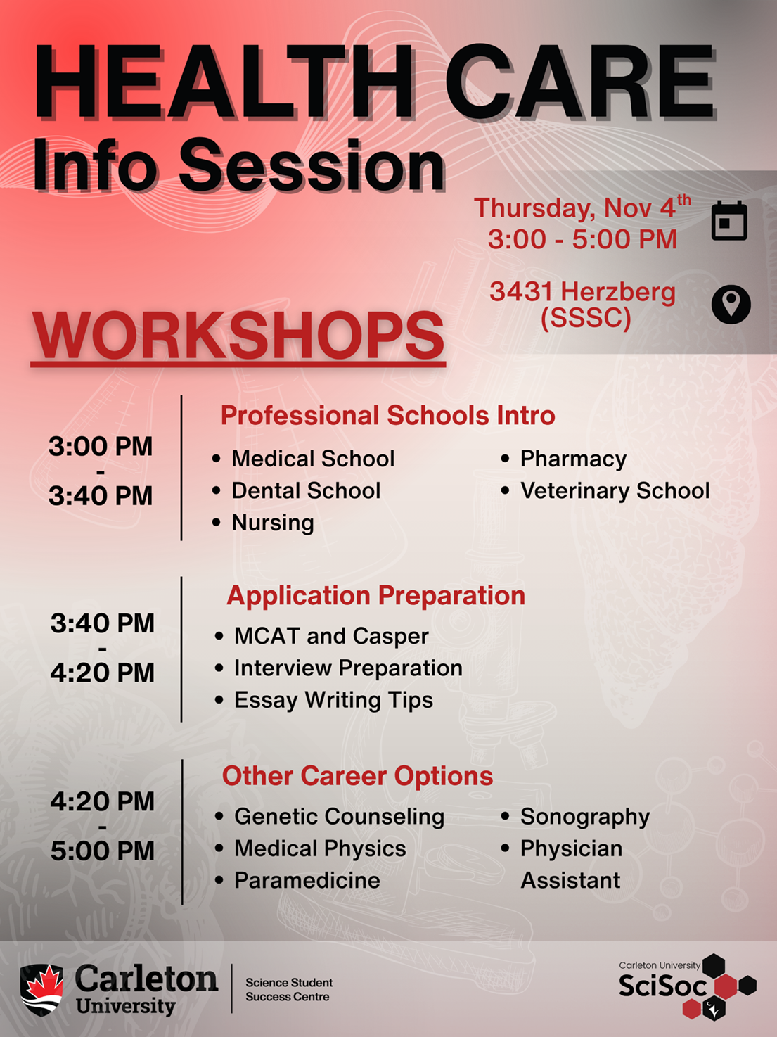 Poster for Health Care Workshops Information Session. Text reads: Health Care Info Session. Date: Thursday, Nov 4th. 3:00 - 5:00 PM. Location: 3431 Herzberg (SSSC). Workshops. 3:00 PM - 3:40 PM. Professional Schools Intro. Medical School. Dental School. Nursing. Pharmacy. Veterinary School. 3:40 PM - 4:20 PM. Application Preparation. MCAT and Casper. Interview Preparation. Essay Writing Tips. 4:20 PM - 5:00 PM. Other Career Options. Genetic Counselling. Medical Physics. Paramedicine. Sonography. Physician Assistant. Carleton University | Science Student Success Centre. Carleton University | SciSoc.