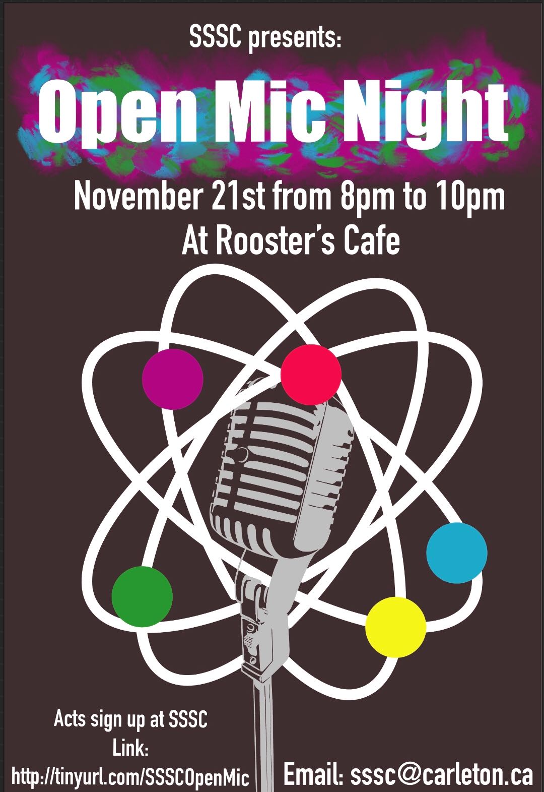 The poster for the SSSC Open Mic Night on November 21st at 8:00pm